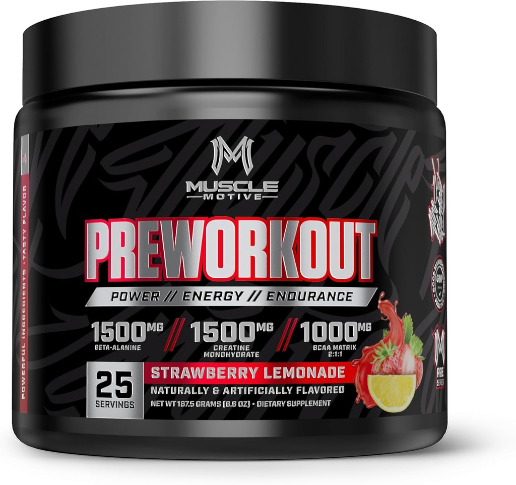 Pre Workout Powder con Beta Alanine, Creatine Monohydrate, BCAA, L Citrulline, L Arginine y Caffeine - Strawberry Lemonade Flavor - 25 servicios