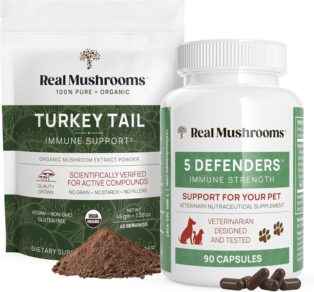 Setas reales Turquía Tail Powder for Humans (45 Servings) " Turquía Tail for Pets (90ct) - Powder " Capsules Bundle for Immune Support - Vegan, Non-GMO, Grain-Free, Gluten-Free