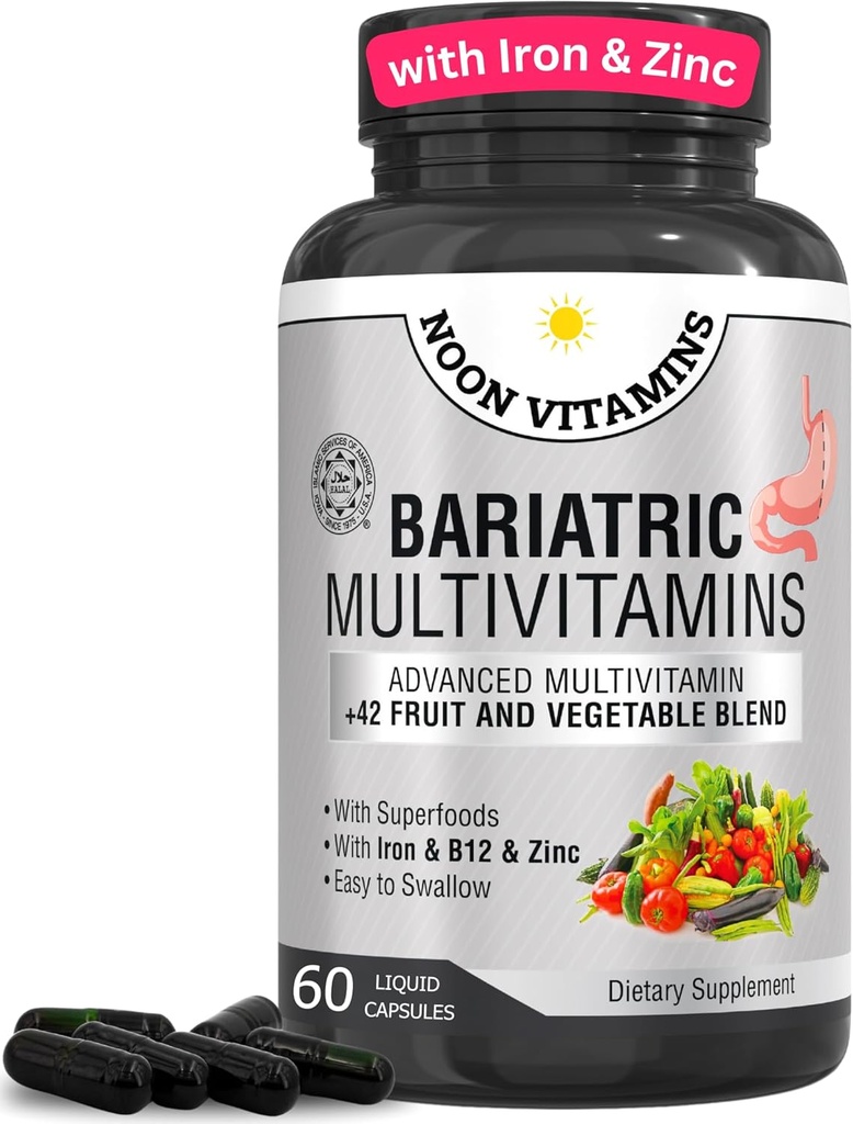 Bariatric Multivitamin con hierro para hombres de mujeres - All-in-One 42 Superfood Blend for Energy & Immune Support - Post-Surgery Recovery, Easy-to-Swallow, Halal, Made in USA (60 Liquid Capsules)