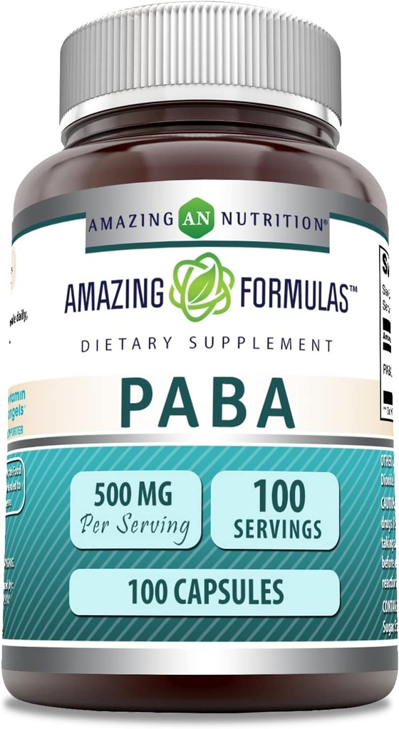 Fórmulas increíbles PABA 500 Mg Suplemento Silencio Capsules Silencio No Gluten-Free Silencio Hecho en EE.UU. (1 Pack Silencio 100 Cuenta)