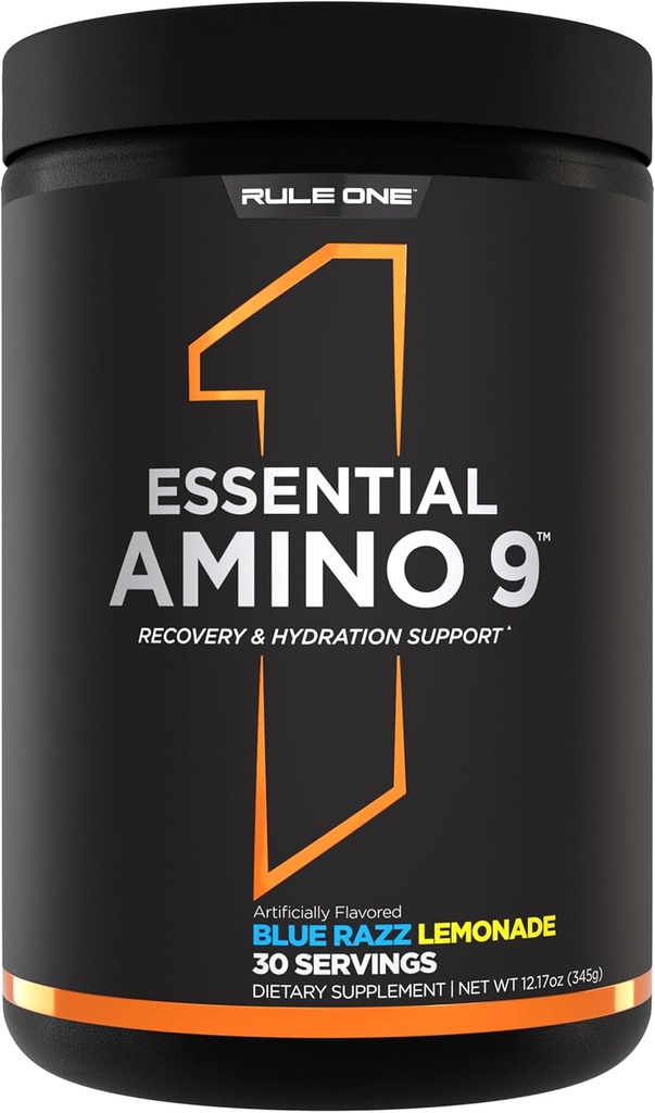 Regla 1 Amino esencial 9 – Soporte de recuperación y hidratación con 7.5g de ácidos esenciales + electrolitos (30 piezas, Limonada de Razz azul)