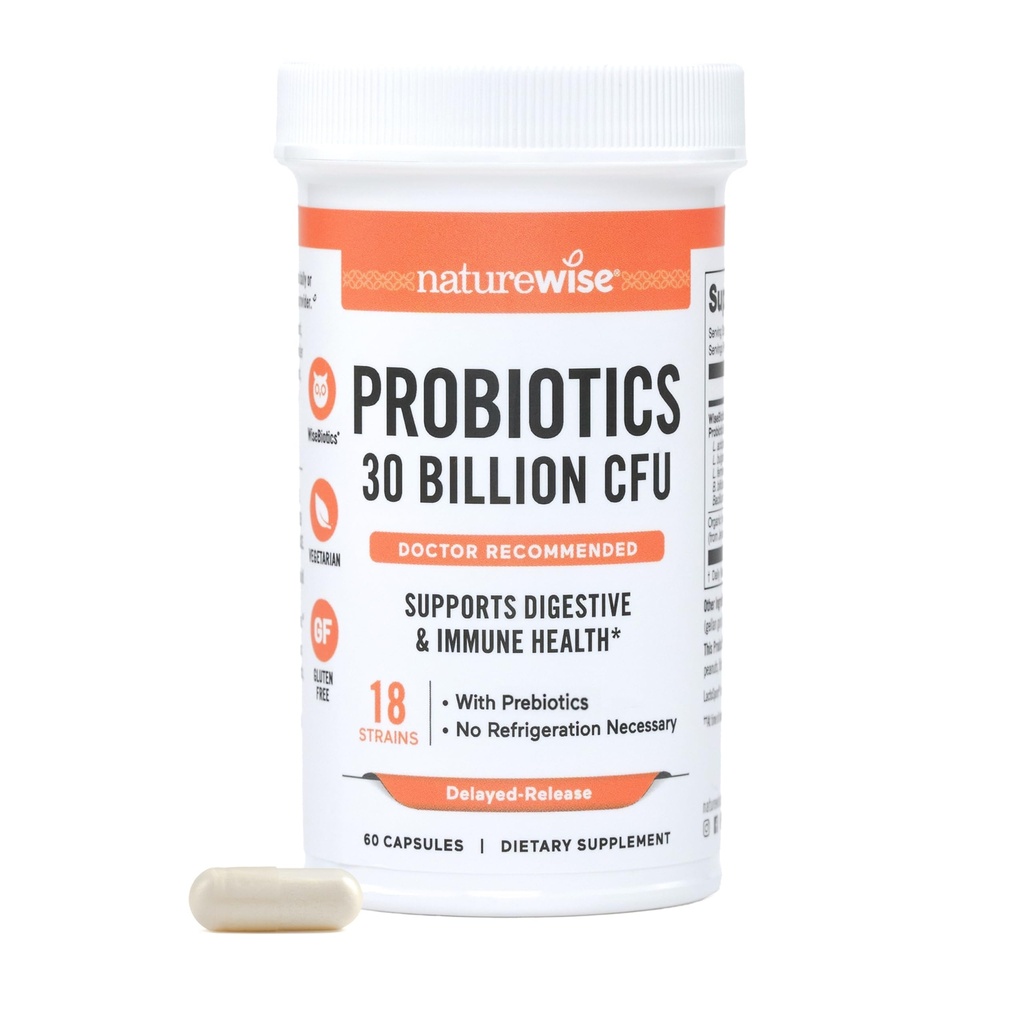 NatureWise Max Probiotics for Women &amp; Hombre - 30 Billion CFU 18 Strains with Prebiotics - For Gut & Digestive Health - Delayed-Release Capsules, Gluten Free - 60 Capsules[2-Month Supply]