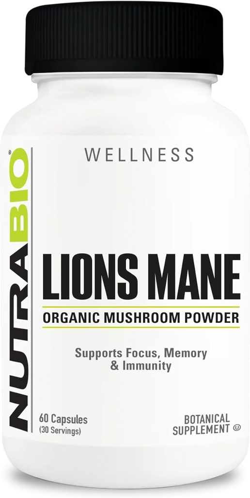 NutraBio Lions Mane Supplement Capsules- Organic Lion's Mane Mushroom Powder (500mg)- Focus, Memory, Immunity - 60 cápsulas vegetales