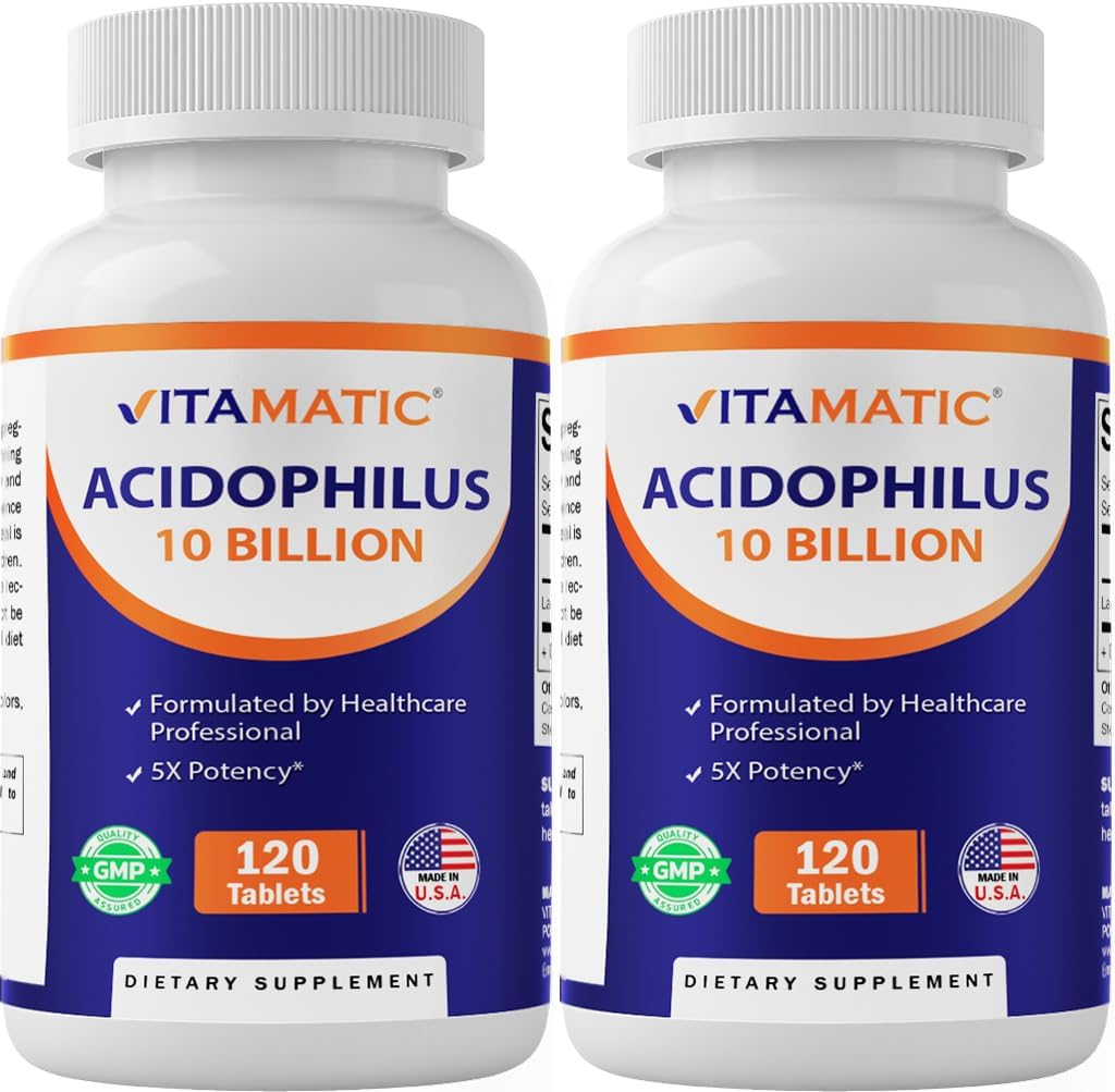 Vitamatic 2 Packs Acidophilus Probiotic - 10 Billones CFU - 120 Tablets - 5X Potency - Suplemento Probiótico diario, soporta la salud digestiva (Total 240 Tablets)