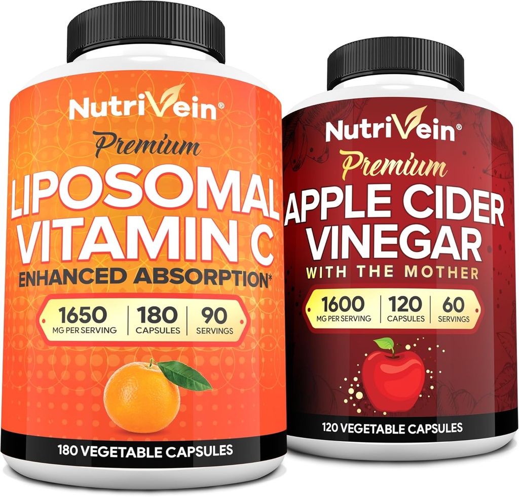 Nutrivein Premium Apple de la sidra cápsulas de vinagre " Liposomal Suplemento de vitamina C Agrupación: Alta absorción Vitamina C Capsules & Apple Cider Suplementos de vinagre Agrupación para Defensas Inmunitarias & Gut Health
