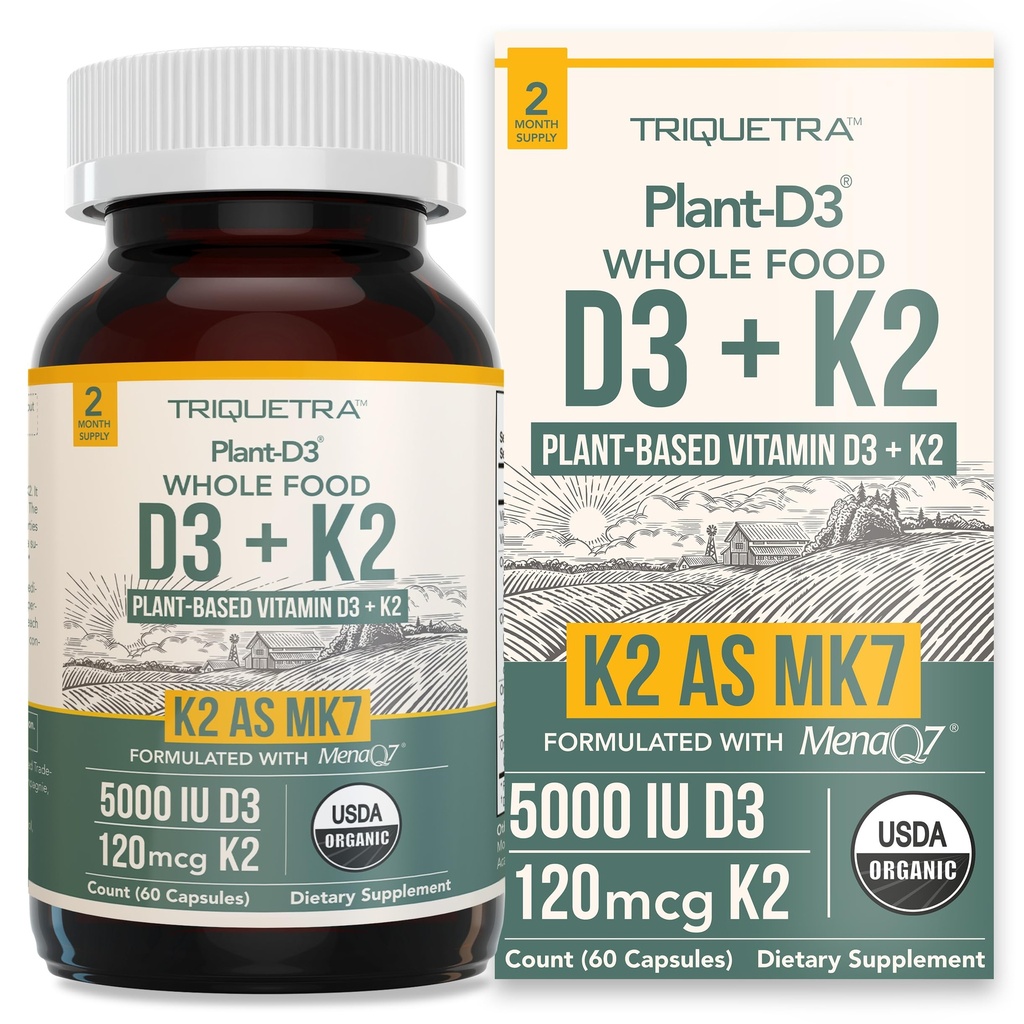Planta orgánica D3 + K2 tención 5000 iu D3 + 120 mcg K2 como All-Trans MK7 de MenaQ7® - 100% Whole Food, Raw &amp; Vegan ← Enhanced Digestion with Prebiotic & Superfood Complex – D3 from Organic Algae (60 Count)