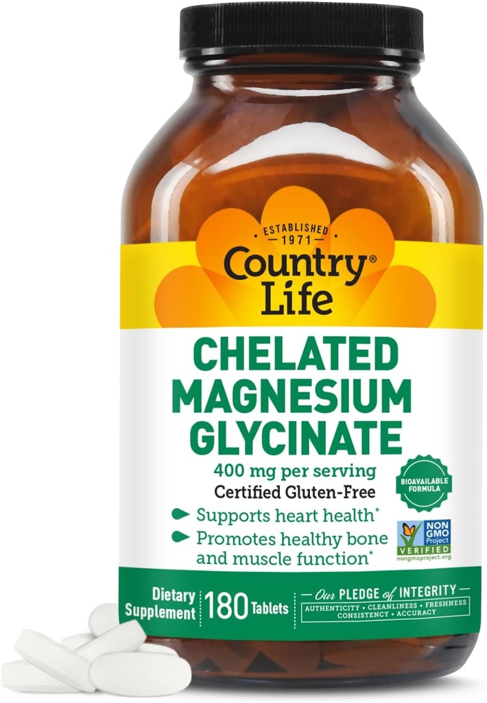 Country Life Glycinate Magnesium Glycinate 400mg – Suplemento Magnesio de alta absorción para la relajación muscular, energía, hueso & soporte inmunológico – Gluten-Free, Vegan, Halal, Non-GMO Verificado - 180 Tabletas