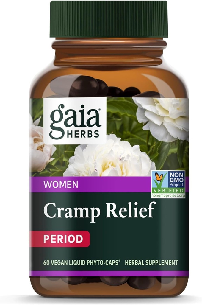 Gaia Herbs Cramp Relief - Suplemento Herbal para Equilibrio de Hormonas & Período Cramp Relief - Made with Organic Licorice Root, White Peony Root, Turmeric & More - 60 Vegan Capsules (60 Servings)