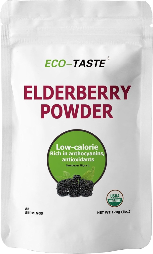 ECO-TASTE Elderberry Juice Powder, apoya el sistema de inmunológico saludable, no GMO y Vegan Friendly, 170g