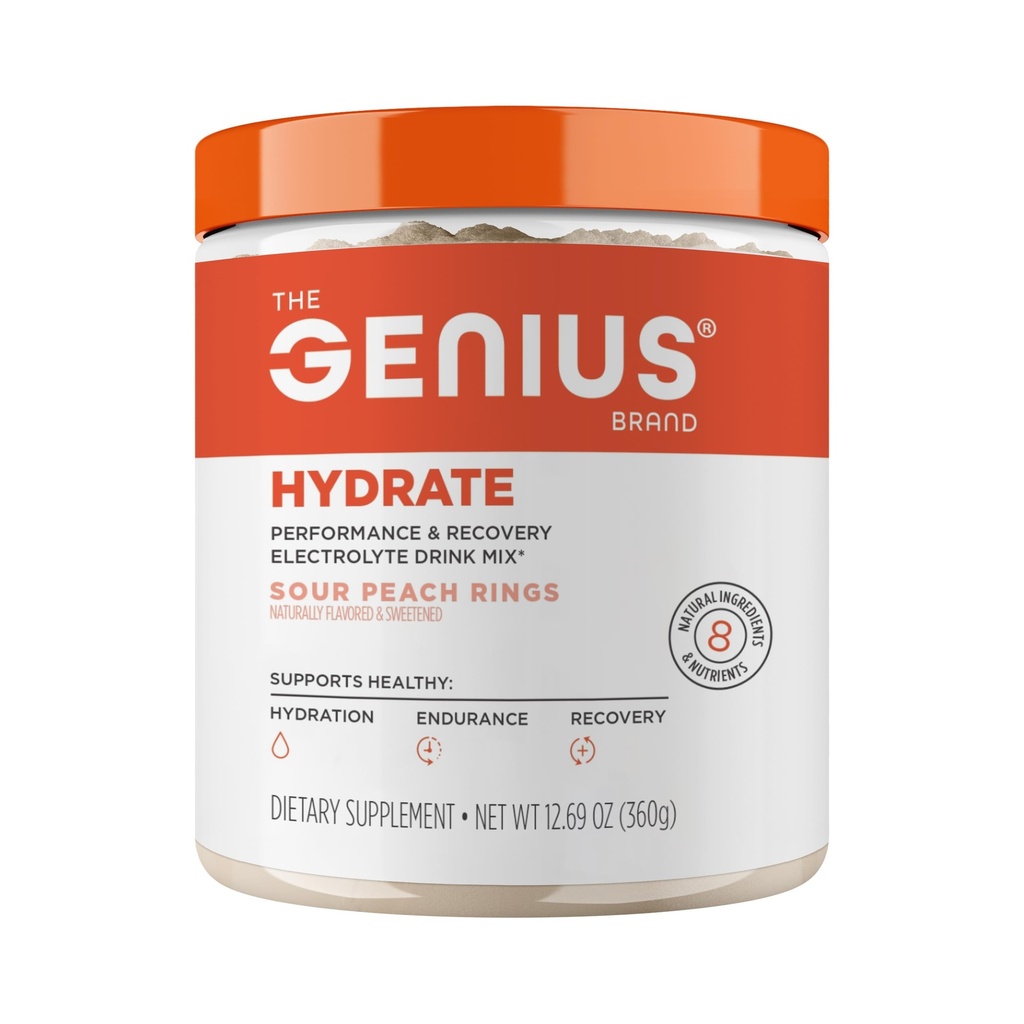 The Genius Brand Genius Hydrate - Electrolyte Supplement for Daily Hydration - Coconut Water - Sugar-Free - 8 Minerales esenciales " Nutrientes - Non-GMO - Anillos de durazno - 50 Servings