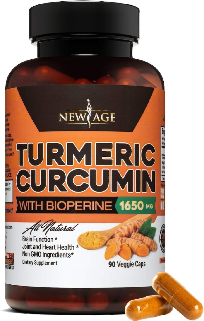NEW AGE Turmeric Curcumin with Bioperine Capsules - Natural Joint & Healthy Support with 95% Standardized Curcuminoids for Potency & Absorption - No GMO, Gluten Free (90 Cuenta (Pack of 1))