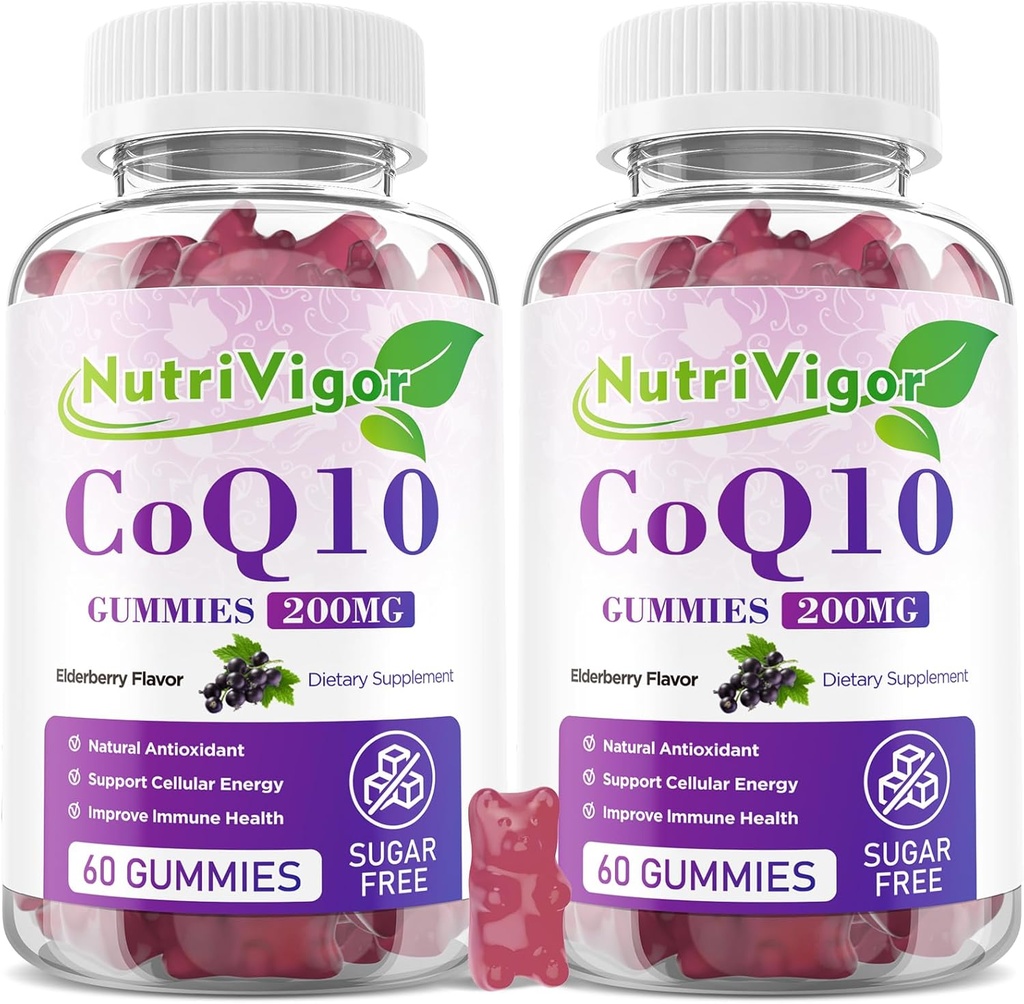 CoQ10 Gummies, Coenzyme Q10 Suplemento 200mg, Alta Absorción CoQ10 Suplemento para Energía Celular y Salud Inmune, Vegan, Gluten Free, Elderberry Flavor, 120 Conde