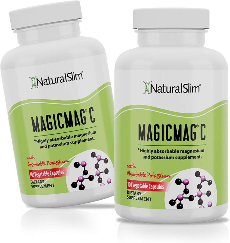 MagicMag C de NaturalSlim, Citrate de Magnesio con Potasio para Relajación muscular, Calidad del sueño, Función del nervio " Soporte de electrolito, Suplemento diario de magnesio para hombres y mujeres, 100 cápsulas 2pk