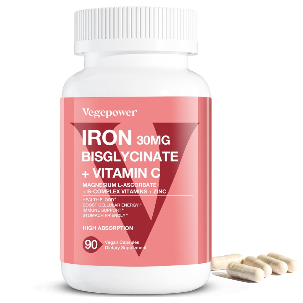 Suplementos de Hierro para Mujeres Hombres, Hierro Vegano Bisglycinate 30mg Plus Vitamina C, B12, Ácido Fólico - Planchas de Hierro para la Anemia, Sangre de Salud y Energía - Gentil, Absorción Alta, No GMO - 90 cápsulas