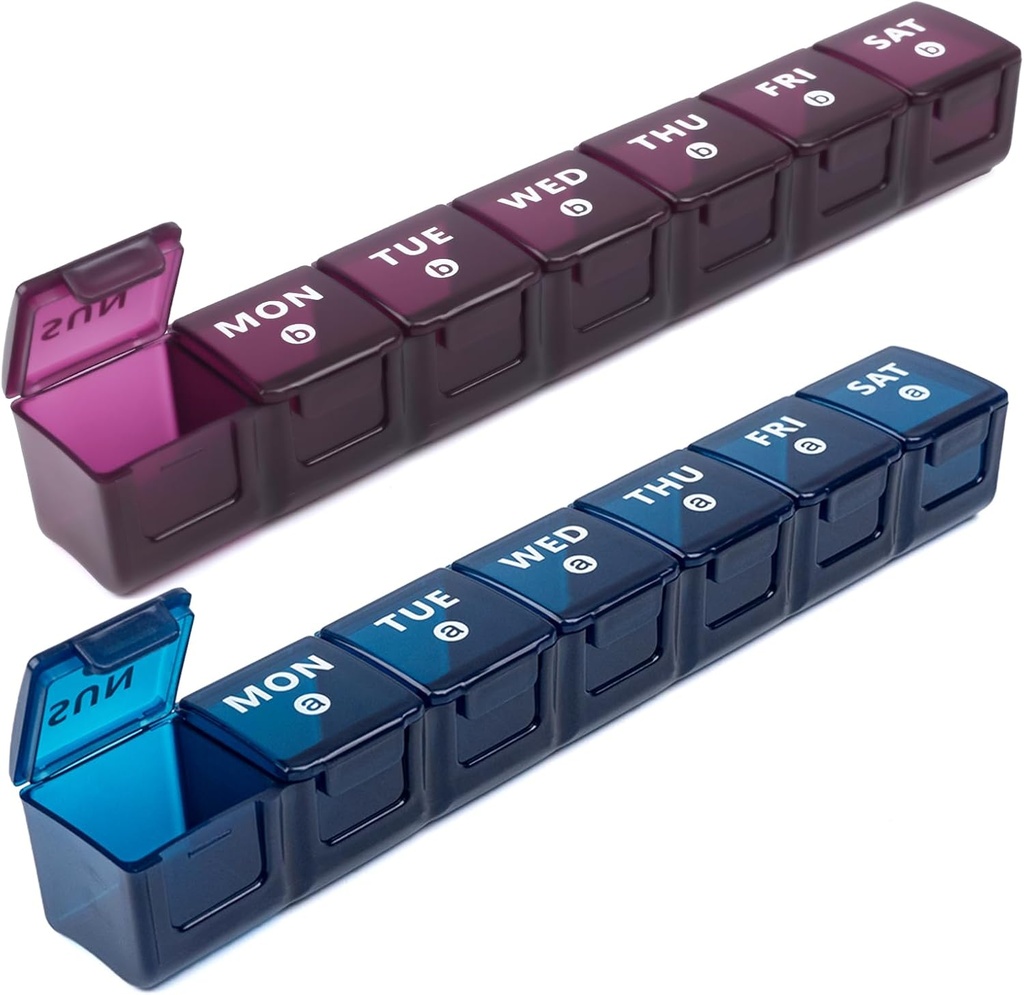 2-Pack organizador semanal de gran pill para viajes, cajas y organizadores de 7 días, gran número de piezas caja de píldoras AM, 14 días XL organizador de medicamentos dispensador de aceites de pescado, suplemento de vitamina Holder