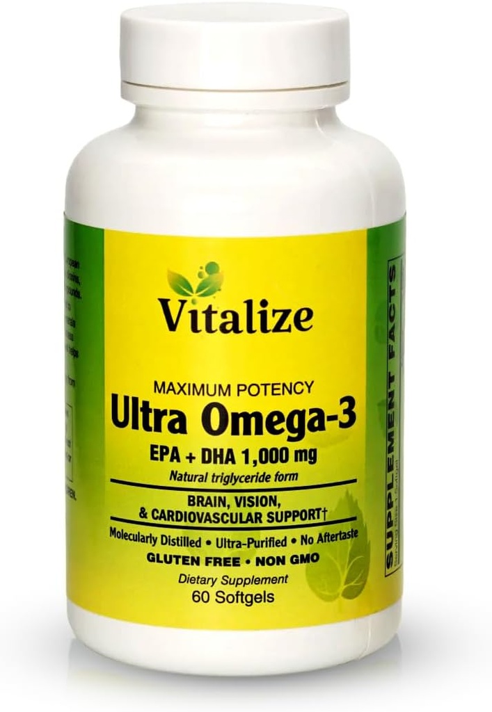 Vitalize - Ultra Omega-3 Silencioso Petróleo de Pesca Silencioso Suplemento dietético Silencio DHA+EPA Silencio Omega3 Mejora la salud cardiovascular tóximo Apoyo a la circulación sanguínea rígida Apoyo Función cerebral ← Gluten Free prehensi Non GMO  60 Softgels