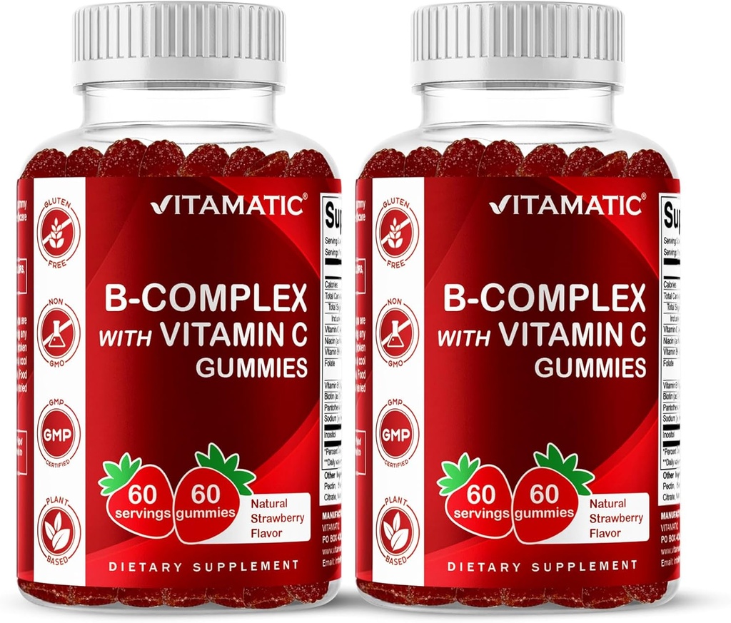 Complejo de vitamina B con vitamina C & Inositol - Sabor de Fresa Natural - 60 Gummies (2 Botellas)