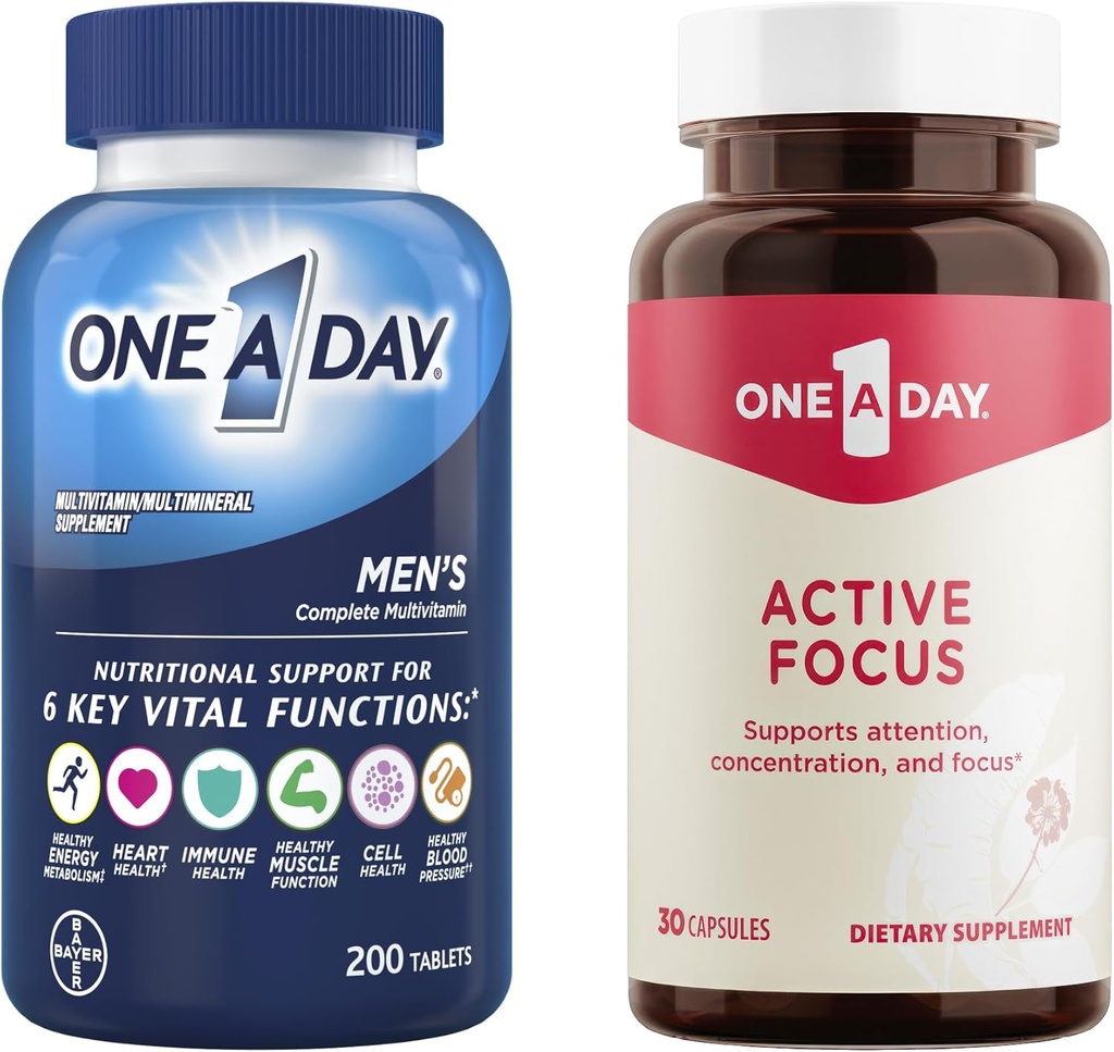 One A Day Bundle - Un día Multivitamínico para Hombres 200 Tablas Cuenta y un día Suplemento de Focus Activo, 30 cápsulas