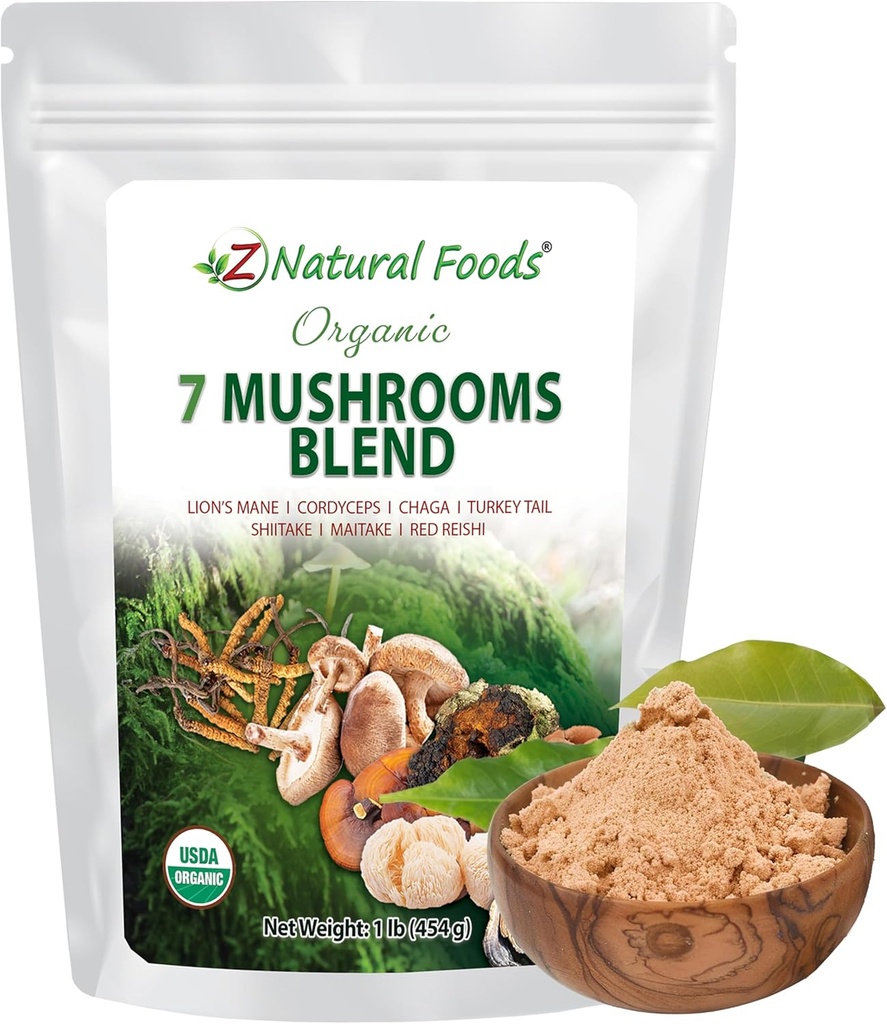 Z Natural Foods Organic 7 Sagrados Mushroom Blend - Mushroom Powder for Immune Health - Lion's Mane, Cordyceps, Chaga, Red Reishi, Shiitake, Maitake & Turkey Tail Extract for Coffee, Smoothies, 1 lb