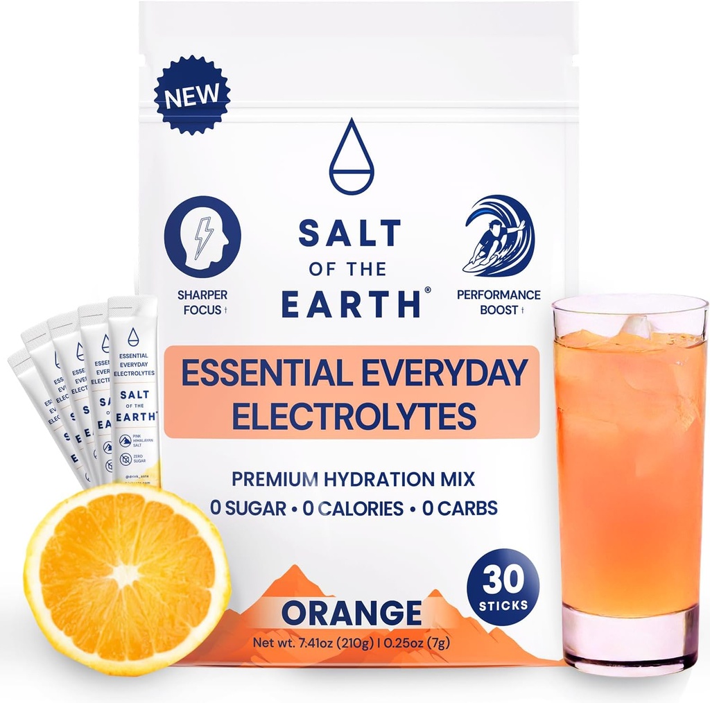 Salt of the Earth Premium Zero-Sugar Electrolyte - Hecho con Himalaya Rosa Salt - Hydration Powder Packets ← Premium Ingredientes ← Keto & Paleo Friendly TEN 30 Sticks, Orange