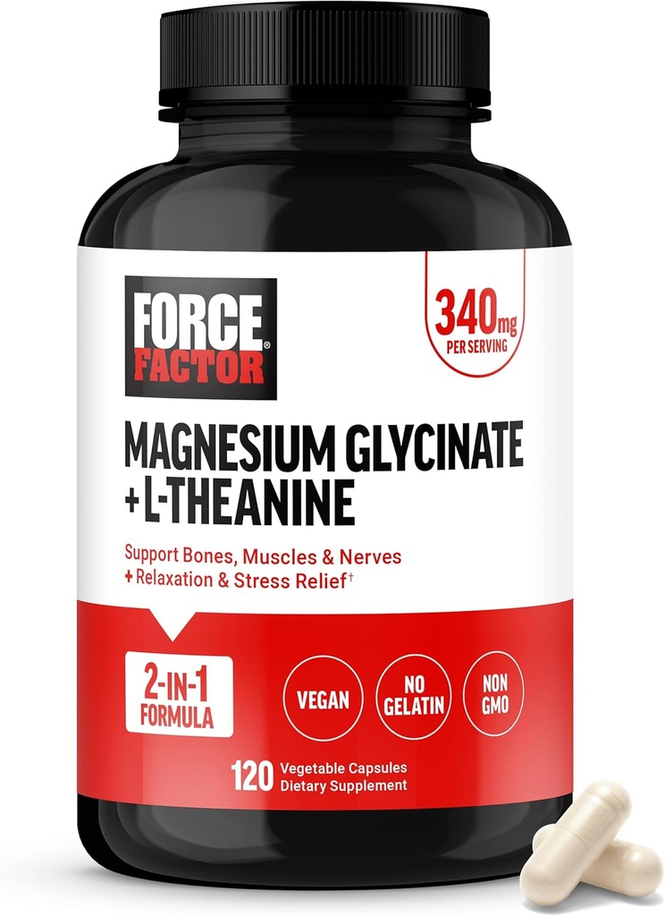 Factor de fuerza Magnesium + L-Theanine, Magnesium Bisglycinate Suplemento de soporte de huesos, músculos, nervios, relajación y mood, Vegan, No Gelatin, No GMO, 120 cápsulas vegetales