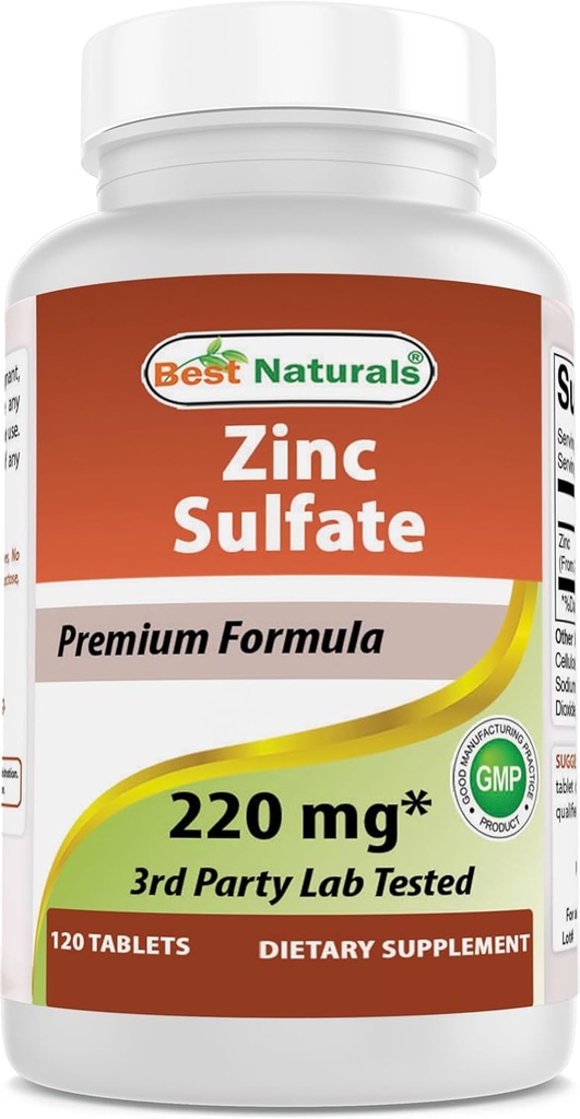 Mejores Naturales Sulfato de zinc 220 mg 120 Tabletas - 3rd Lab testado - hecho en los EE.UU. - Gluten libre & No GMO