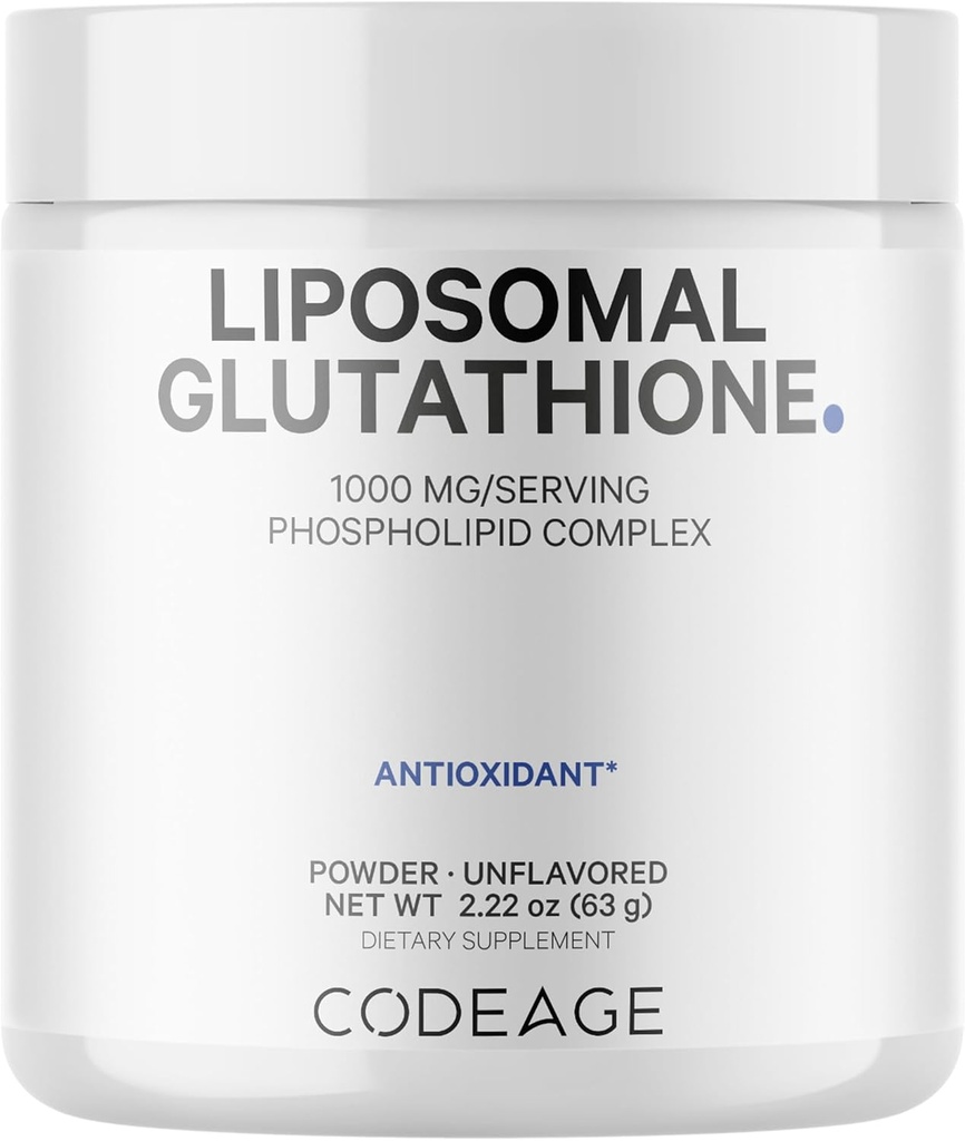Codeage Liposomal Glutathione Powder - 1,000 mg Vegan Reduced L-Glutathione per Serving, Liposomal Delivery - 2-Month Supply - Unflavored - Phospholipid - Non-GMO Libre de gluten - 2.22 Oz