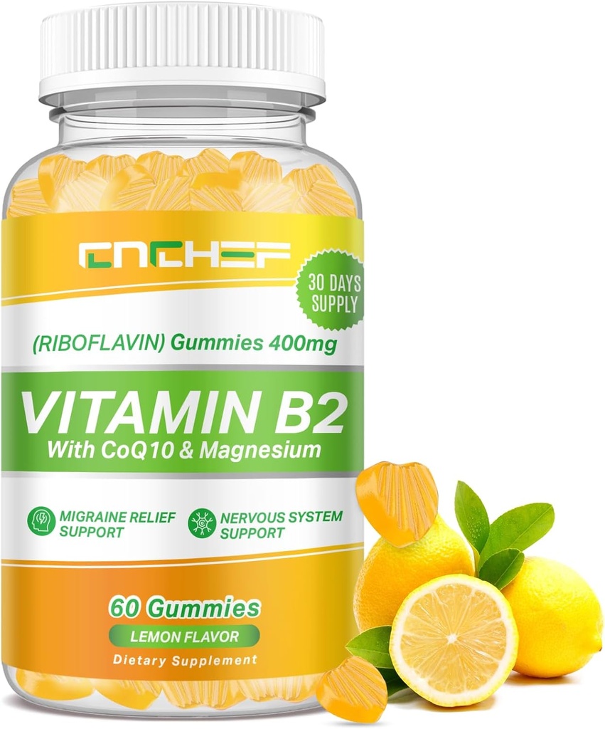Vitamina B2 Gummies, Riboflavin 400mg Suplemento con Magnesium Glycinate & CoQ10 para adultos & niños, Apoyo Migraine Relief " Nervous System, Boost Energy, Sugar Free Vegan B2 Gummies Lemon Flavor