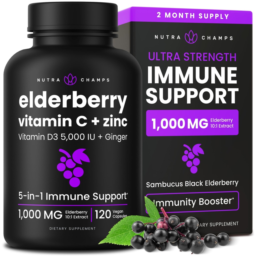 NutraChamps Elderberry con vitamina C y zinc - 5 en 1 Suplemento de inmunidad, 10.000 mg Sambucus Black Elderberry cápsulas con vitamina D3 5000 UI, Sambucus Elderberry Extract Immune Support for Adults