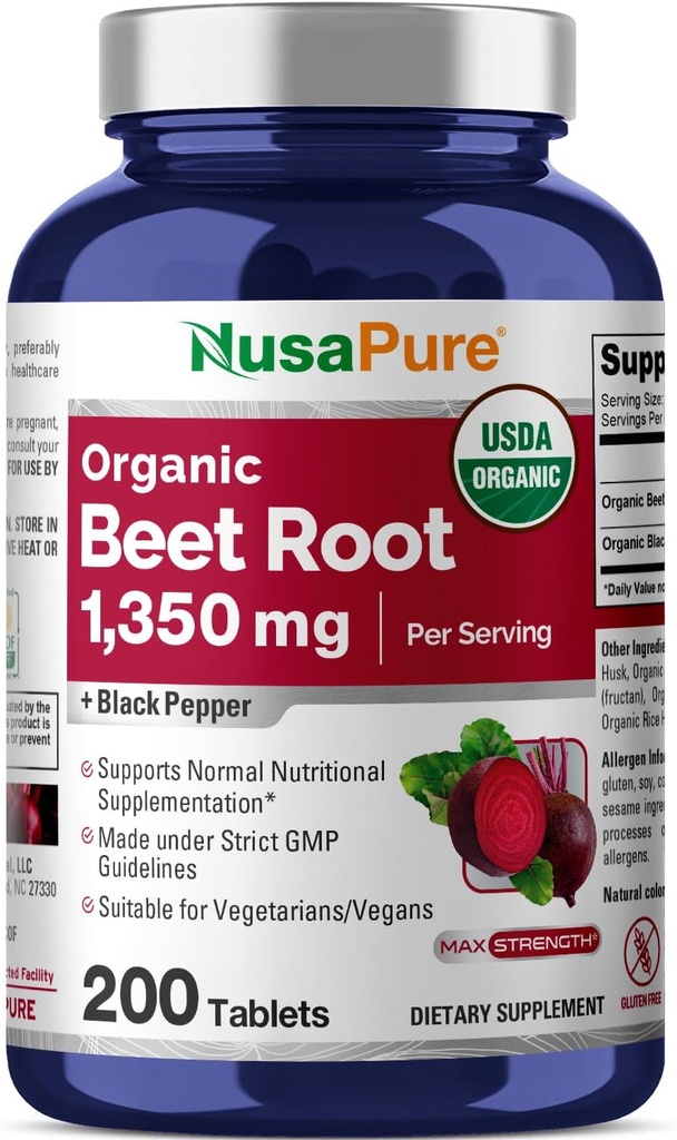 NusaPure Beet Root 1,350 mg 200 Tabletas Orgánicas (Vegetariano, USDA, No GMO & Gluten Gratis) Pepper Negro