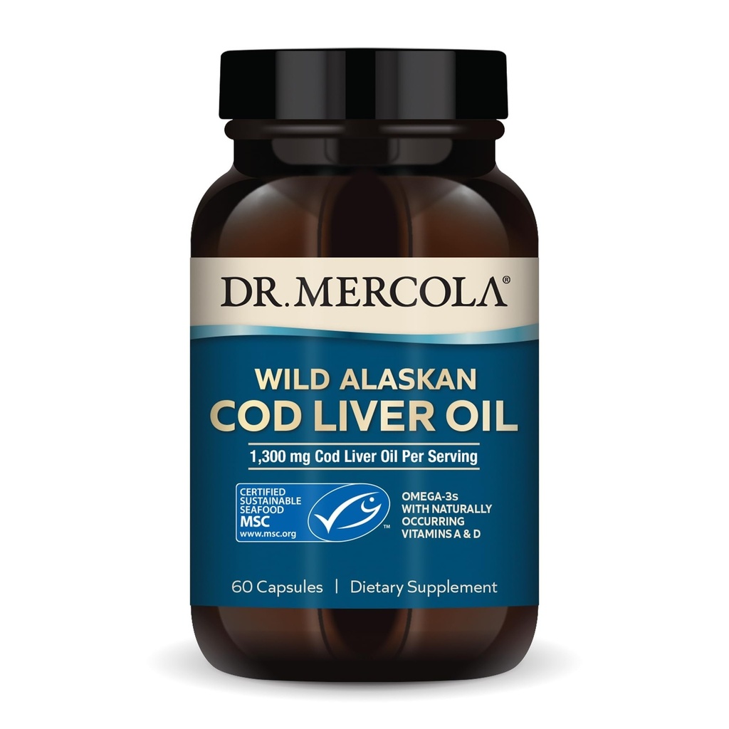 Dr. Mercola Cod Liver Oil, 1.300 mg Por Serving, 30 Servings (60 Capsules), Suplemento dietético, Apoya Cerebro, Hueso y Salud Conjunta, No GMO, MSC Certified
