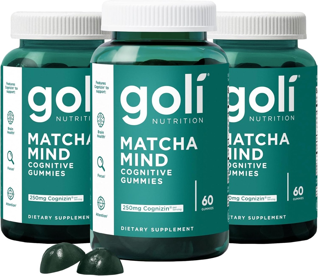 Goli Matcha Mind Gummies - 180 Conde - Green Tea Leaves Powder with Cognizin for Focus, Atención y Salud Cerebro, Vegan, Non-GMO, Gluten-Free & Gelatin Free.