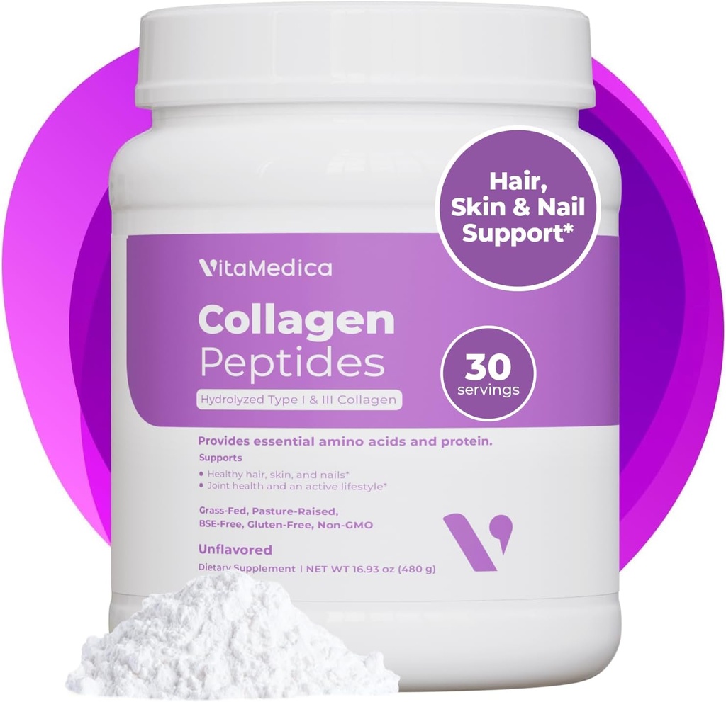 VitaMedica Péptidos colágeno Polvo para Hombres de Mujer - Cabello saludable, piel, uñas, huesos y articulaciones - Tipos hidrolizados I " III, Proteína de pasto, azúcar cero - 30 servicios