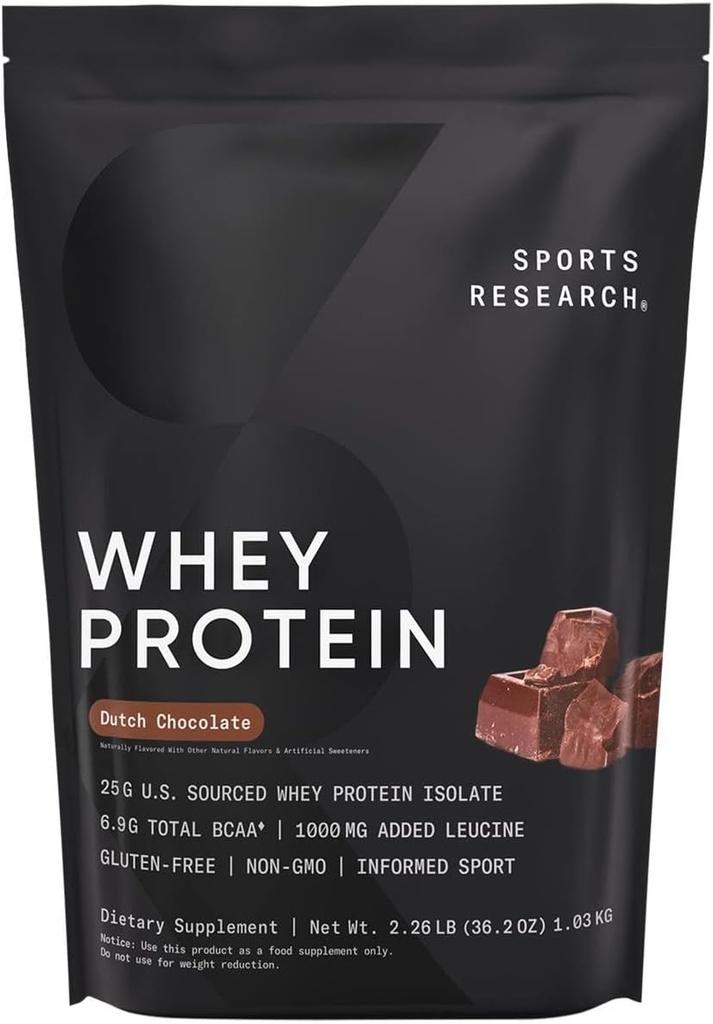 Sports Research Whey Protein Isolate - Sports Nutrition Protein Powder 25g por Scoop - 2lb Bolsa Whey Protein - Holandés Chocolate Bulk Protein Powder, 25 Servings