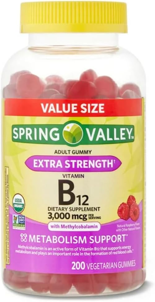 Spring Valley Non GMO Vitamina B12 Gummies Vegetarian, Raspberry, 3000 mcg, 200 Conde Tamaño del valor