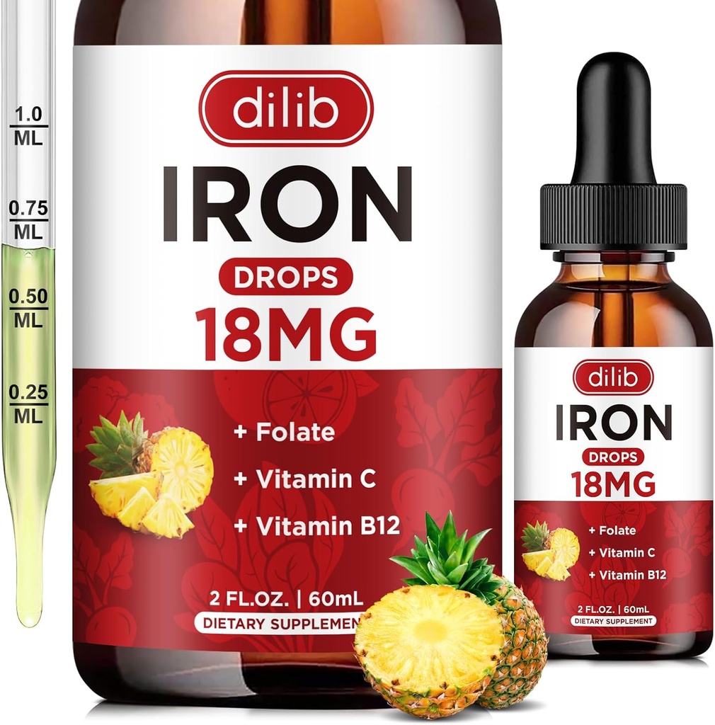 Suplemento de hierro líquido para mujeres & hombres gotas de hierro Suplementos de hierro para la anemia con folato, vitamina C, B12 para la célula de sangre roja Apoyo a la piel, 2 Fl Oz