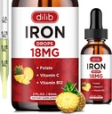 Suplemento de hierro líquido para mujeres & hombres gotas de hierro Suplementos de hierro para la anemia con folato, vitamina C, B12 para la célula de sangre roja Apoyo a la piel, 2 Fl Oz