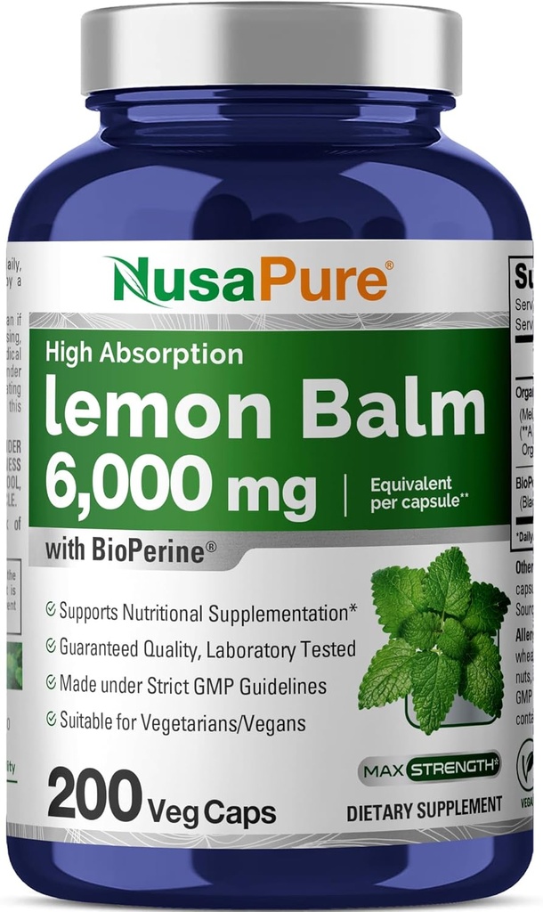 NusaPure Lemon Balm 30:1 Extracto, 200 mg Equivalente a 6000mg Por Vegan Caps - 200 Conde No GMO, Vegan Bioperina