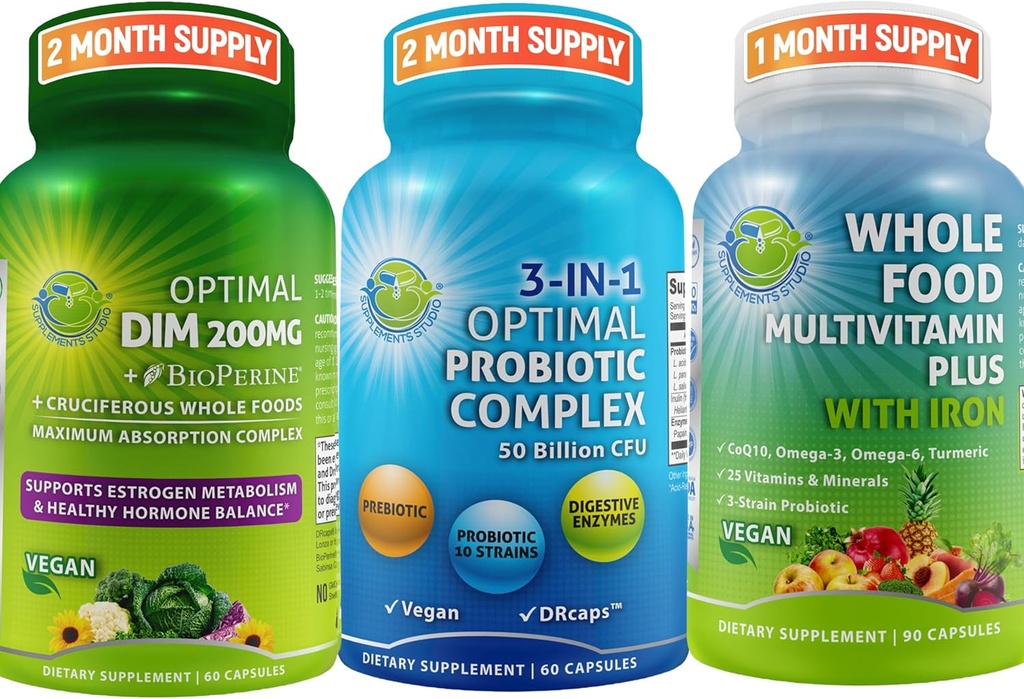 Balance hormonal " Digestivo Trio de Salud - DIM 200 mg con BioPerine® " Cruciferous Veggies + 3-en-1 Probiótico con Prebiótico y Enzimas + Multivitamina entera de alimentos con Iron – Vegan Wellness Support