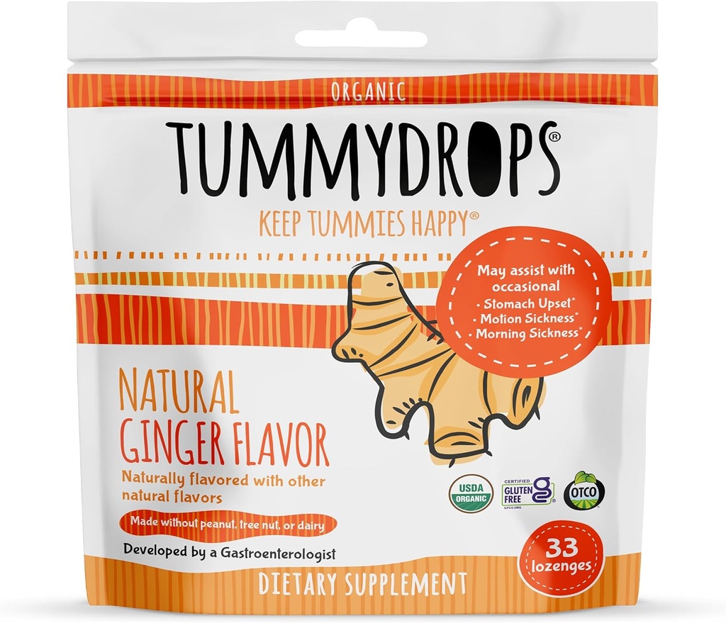 USDA Organic Natural Ginger Tummydrops, Gluten Free & Vegan, 33 Individualmente Wrapped Drops in a Resealable Bag