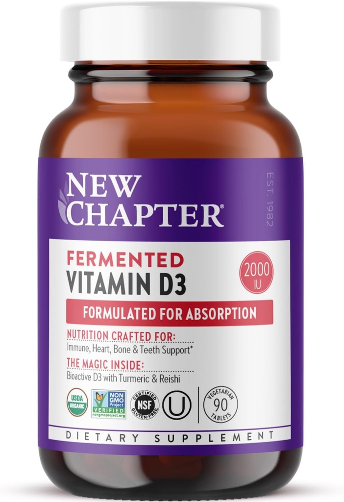 Nuevo Capítulo Fermented Vitamina D3 2,000 UI, Orgánica, ONE Daily for Immune, Heart & Bone Support + Whole-Food Turmeric, Adaptogenic Reishi Mushroom, 100% Vegetariano, Gluten Free, 90 Conde