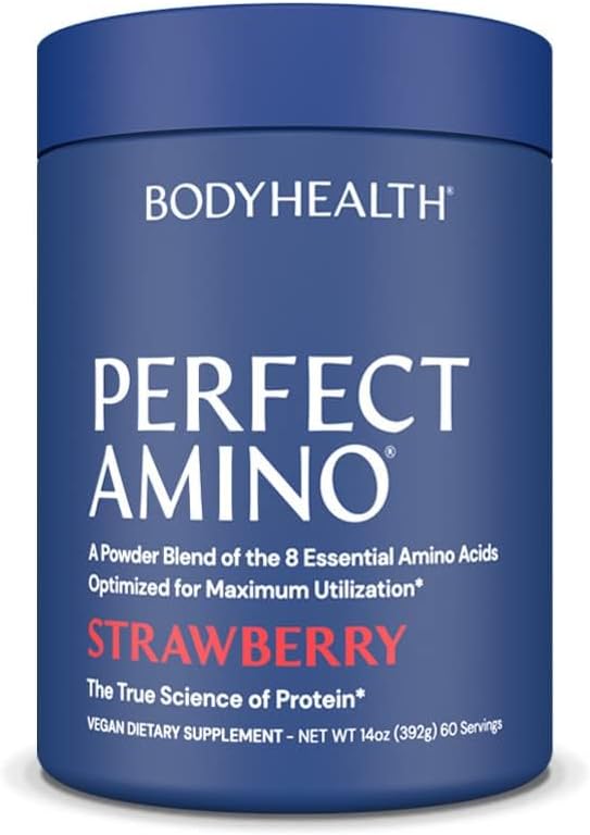 BodyHealth PerfectAmino Powder - BCAA and EAA Powder for Pre and Post Workout - Amino Acid Energy Drink for Hombres and Women to Support Lean Muscle and Recovery - Strawberry - 60 Servings