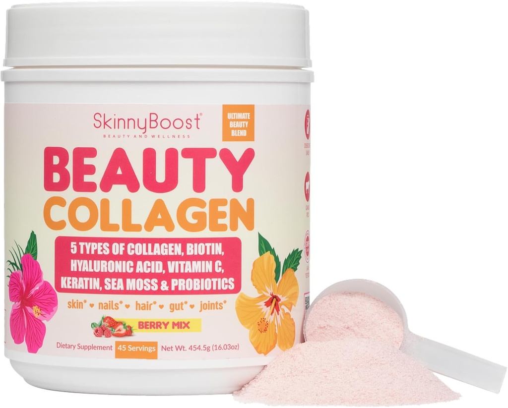 Collagen de belleza Powder-5 Tipos de Collagen hidrolizado, Moss de Mar, Biotina, Keratina, Ácido Hialurónico, Vitamina C y Probióticos – Hair, Esquí, uñas- Todo Natural, Hecho en USA-45 Servings- Berry mixto