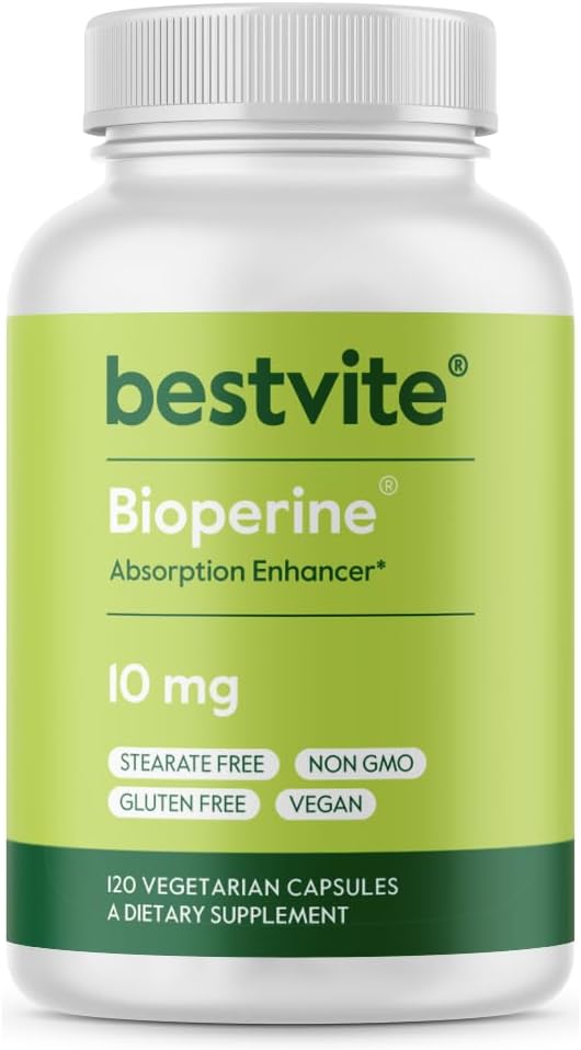 Bioperina 10mg (120 cápsulas vegetarianas) - No Stearates - Vegan - No GMO - Gluten Free - Absorption Enhancer