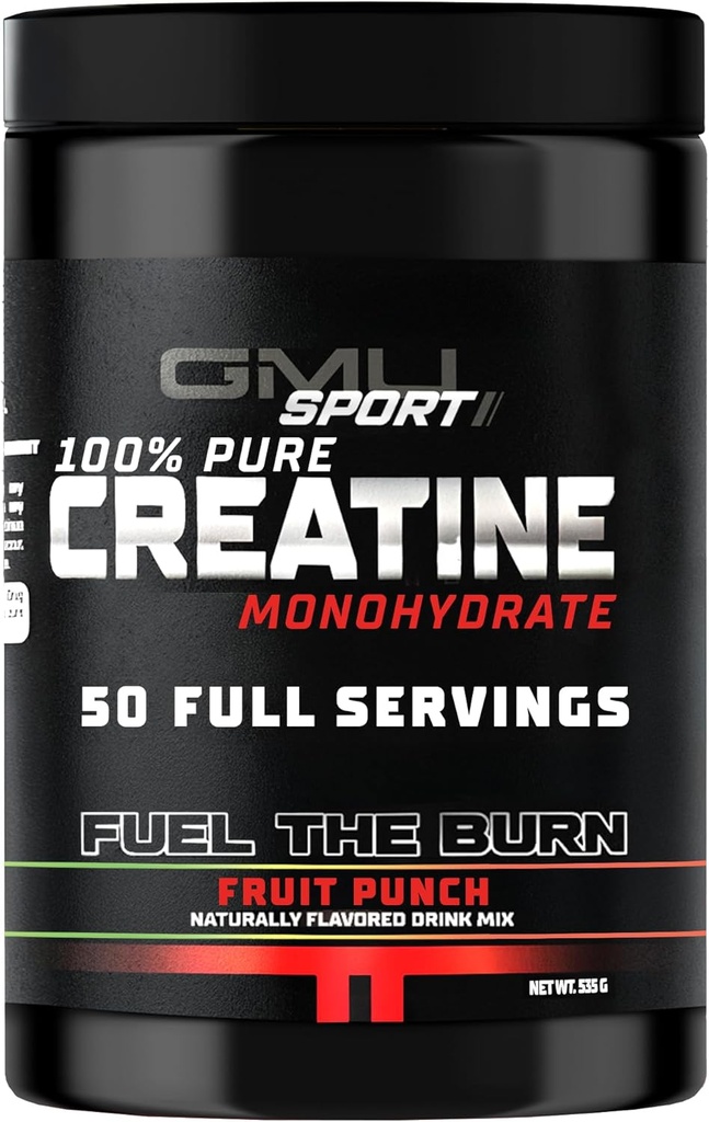 GMU SPORT Creatine Monohydrate Powder – Fruit Punch ← 50 Servings TEN 5g Micronized Creatine per Scoop ANTE Strength, Recovery & Muscle Builder ← Delicious Drink Mix for Men & Women
