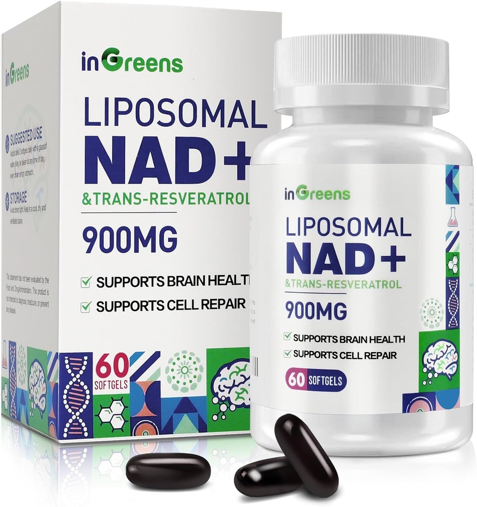900 mg Suplemento Liposomal NAD+ con Resveratrol Trans 300 mg, reemplaza NMN, Absorción Superior, Verdadera NAD Plus Suplemento para Reparación de ADN y Boost NAD+, Defensa del envejecimiento, Energía, Longevidad, 60 Softgels