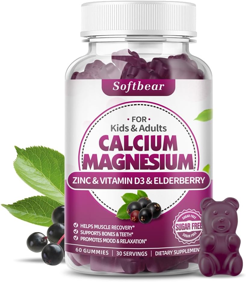 blandbear Calcio Magnesio Zinc Gummies for Women, High Absorption Calcium Magnesium Supplement for Bone Strength, Sugar-Free, Vegan, Elderberry Flavor 60 Gummies