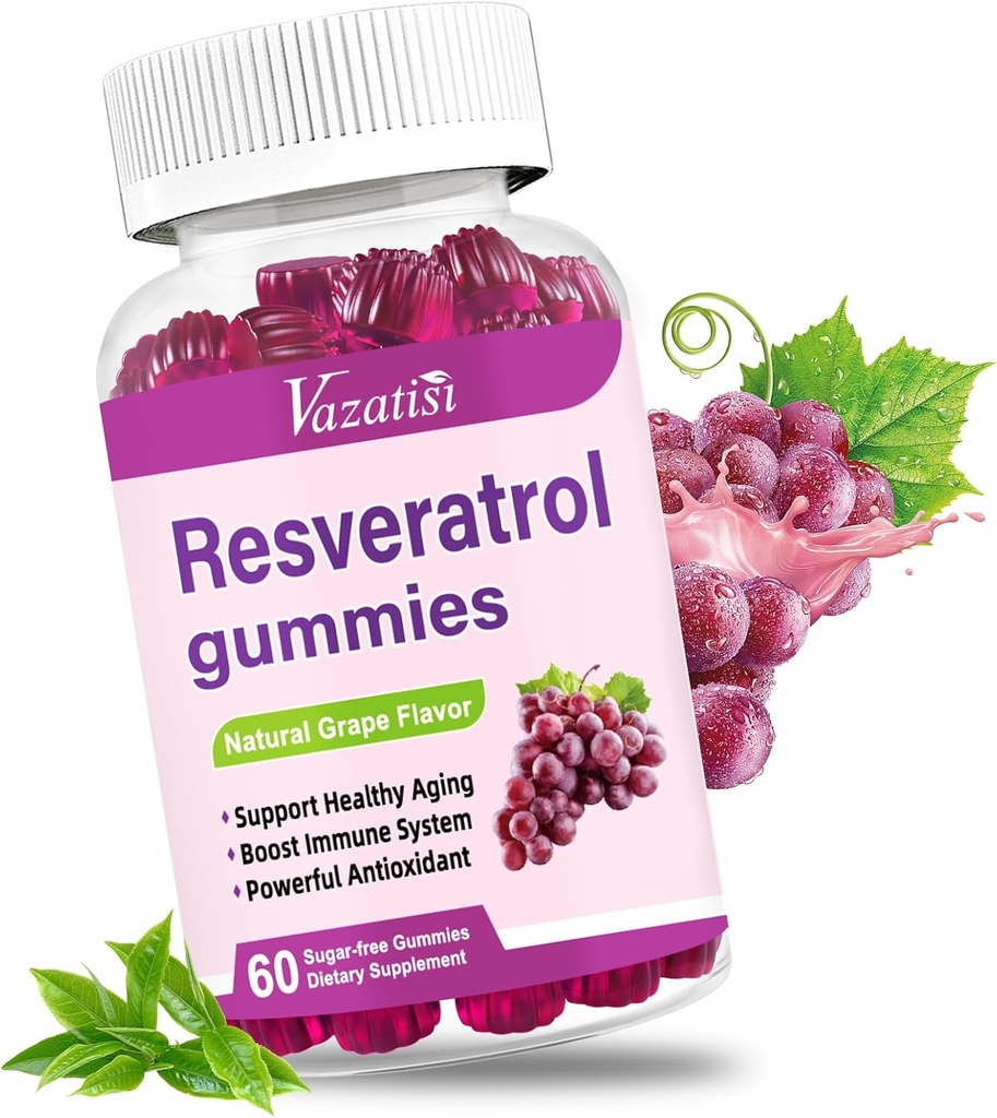 Gummies de Resveratrol de alta pureza, 98% Trans-Resveratrol con Quercetin, Coq 10, Vitamina C, Suplemento de Reservatrol para Antioxidante, Anti-Aging, 60 Gummies