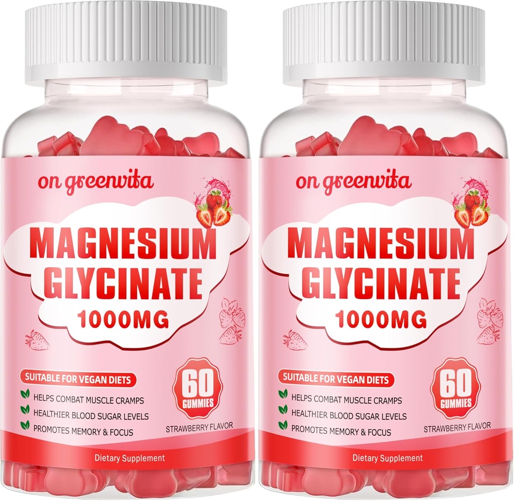 Magnesio Glycinate Gummies 1000mg - Suplemento de Potasio de Magnesio Libre de Azúcar con Vitamina D, B6, CoQ10 para calma Mood & Sleep Support - 120 Gummies de Fresa 2 Pack