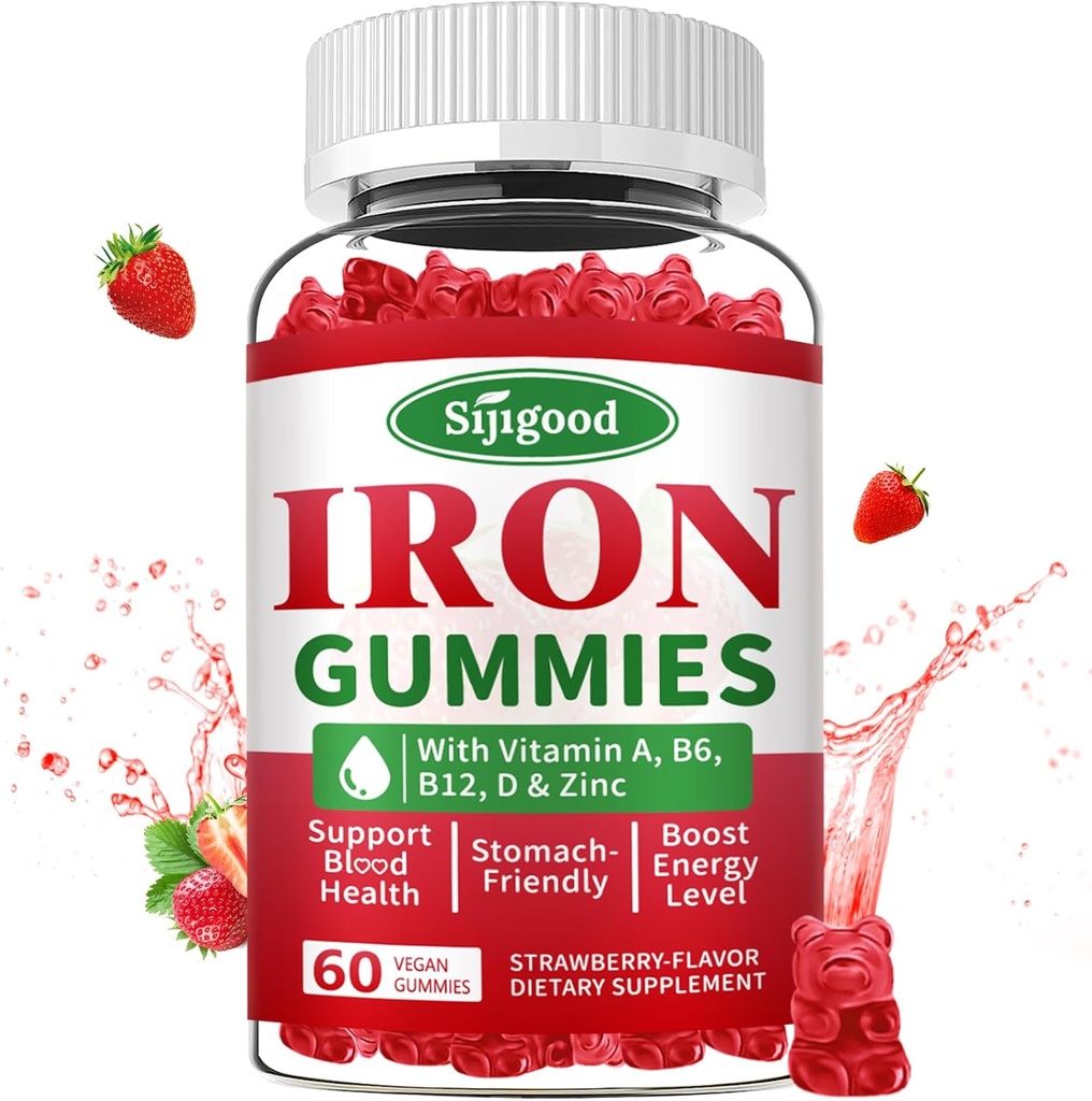 Manchas de hierro para hombres y mujeres - Suplemento de Hierro Vegano para la anemia " Iron Deficiency, con vitamina B12, vitamina C, zinc, folato - Energy Boost, Sugar-Free, Strawberry Flavor, 60 Cuenta